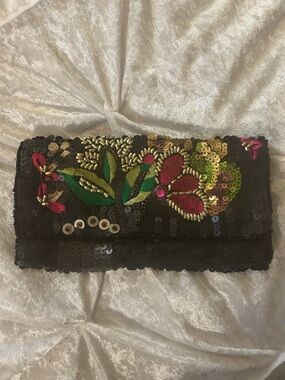 Bijoux Terner Black Sequin Clutch w/Beaded Floral Embroidery